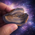 Flor de calcedonia natural con bandas grises y beige sostenida en mano con fondo místico de galaxia